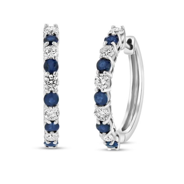 Blue Sapphire and 1/2 CT. T.w. Diamond Alternating Ten Stone Hoop Earrings in 14K White Gold