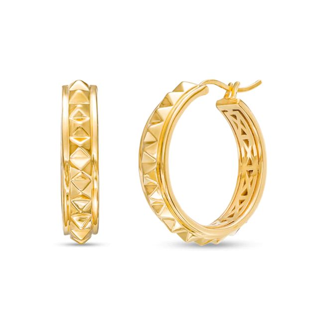 Men's 25.0mm Pyramid Studded Single Row Hoop Earrings in 10K Gold