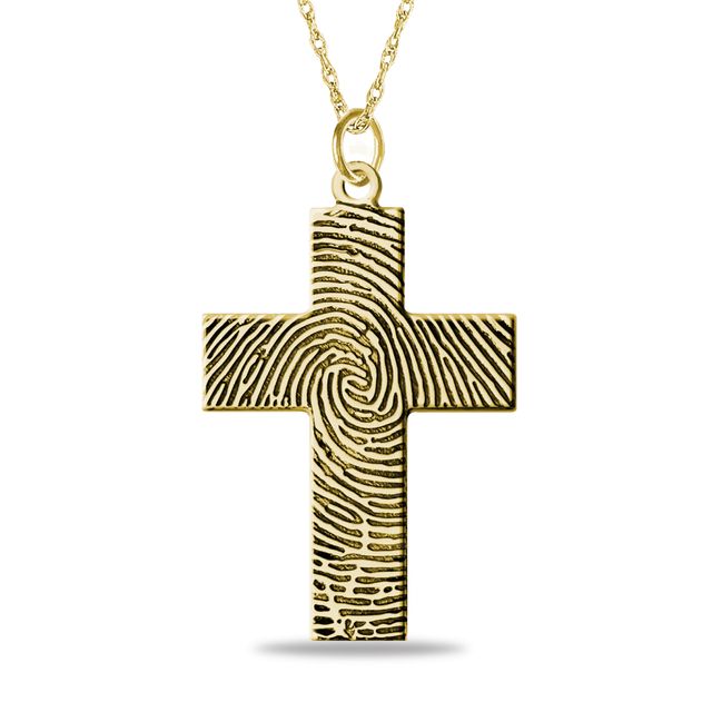 Engravable Print Cross Pendant in 10K White, Yellow, or Rose Gold (1 Image and 1 Line)