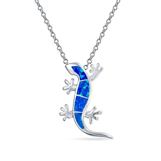 Blue Lab-Created Opal Inlay Gecko Pendant in Sterling Silver
