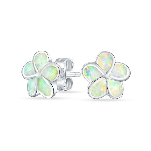 Lab-Created Opal Inlay Plumeria Stud Earrings in Sterling Silver