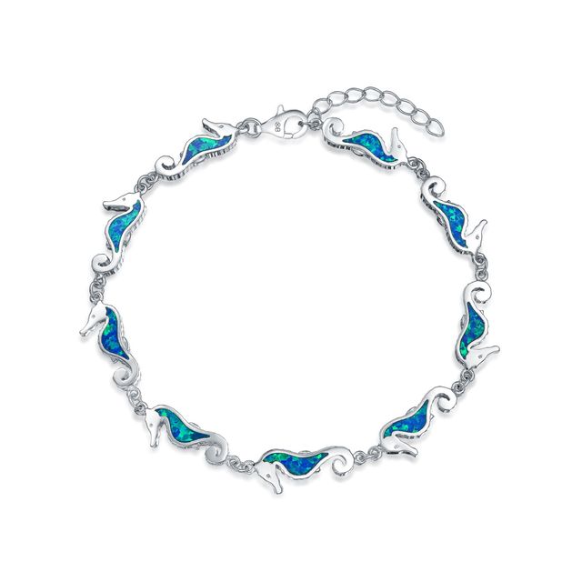 Blue Lab-Created Opal Inlay Seahorse Station Link Bracelet in Sterling Silver - 7.5"