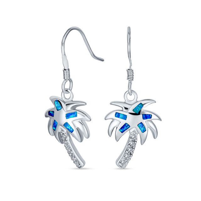 Blue Lab-Created Opal Inlay and Cubic Zirconia Palm Tree Drop Earrings in Sterling Silver