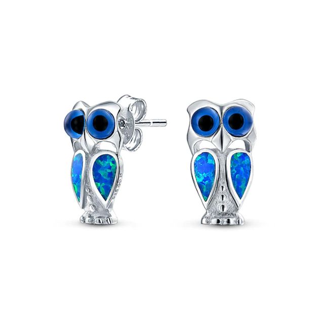 Blue Lab-Created Opal Inlay Owl Stud Earrings in Sterling Silver