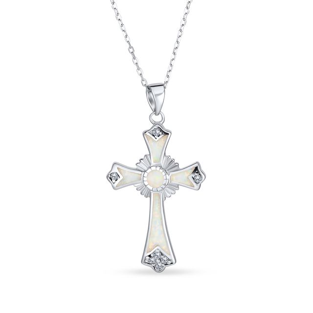 Lab-Created Opal Inlay and Cubic Zirconia Art Deco Cross Pendant in Sterling Silver
