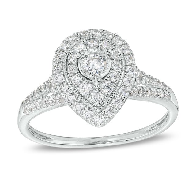 1/2 CT. T.w. Diamond Double Pear-Shaped Frame Split Shank Engagement Ring in 10K White Gold (J/I3)