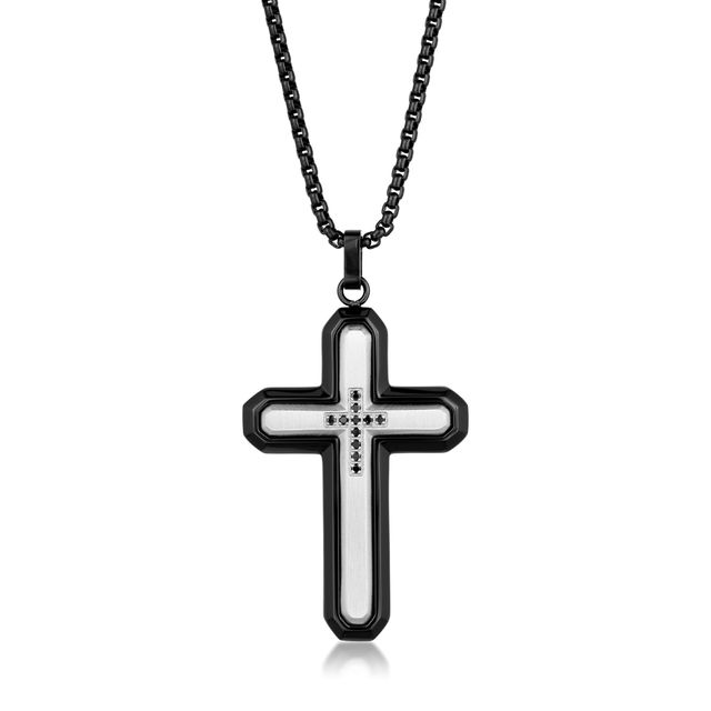 Men's 1/20 CT. T.w. Black Diamond Inlay Outline Cross Pendant in Stainless Steel and Black IP - 24"