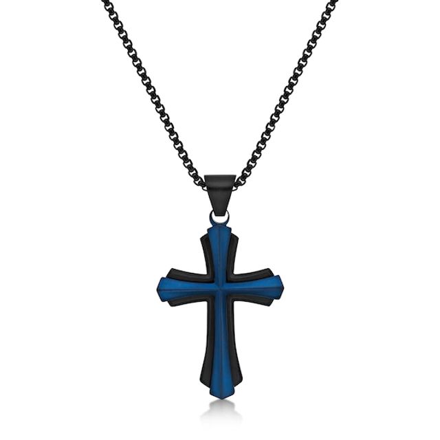 Men's Flared Cross Pendant in Stainless Steel with Black and Blue IP - 24"