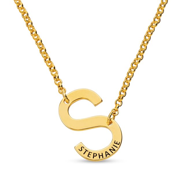 Small Initial with Engravable Name Offset Necklace (1 Line)