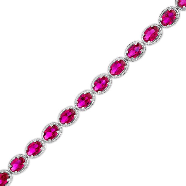 Oval Lab-Created Ruby Rope-Textured Frame Tennis Bracelet in Sterling Silver - 7.5"