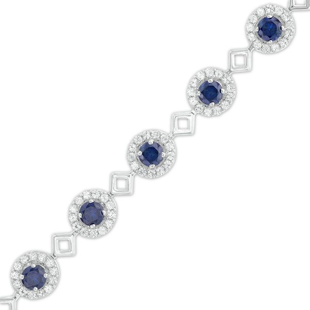 5.0mm Blue and White Lab-Created Sapphire Frame Alternating Square Link Bracelet in Sterling Silver - 7.5"