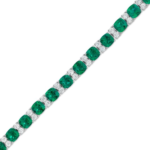 6.0mm Cushion-Cut Lab-Created Emerald and White Sapphire Alternating Link Bracelet in Sterling Silver - 7.5"