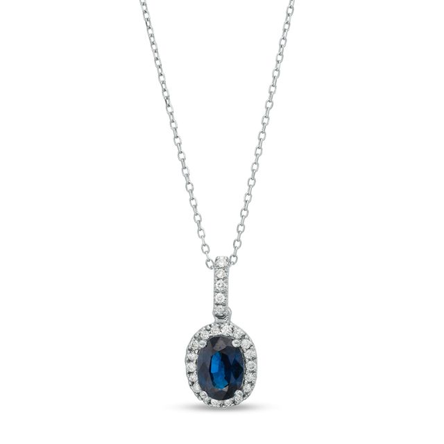 Oval Blue Sapphire and 1/8 CT. T.w. Diamond Frame Pendant in 14K White Gold