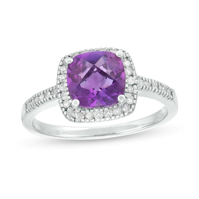 7.0mm Cushion-Cut Amethyst and 1/5 CT. T.w. Diamond Frame Ring in 10K White Gold