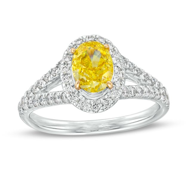 1-1/2 CT. T.w. Certified Oval Yellow Lab-Created Diamond Frame Split Shank Engagement Ring in 14K White Gold