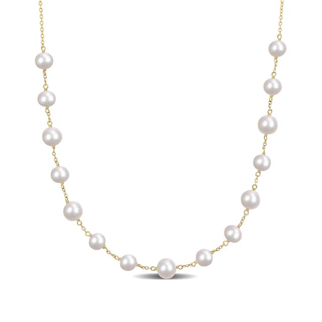 6.5-8.5mm Cultured Freshwater Pearl Bead Station Necklace in Sterling Silver with 18K Gold Plate