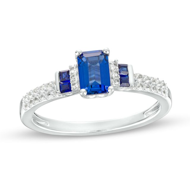 Octagonal Blue Lab-Created Sapphire and White Lab-Created Sapphire Double Collar Ring in Sterling Silver