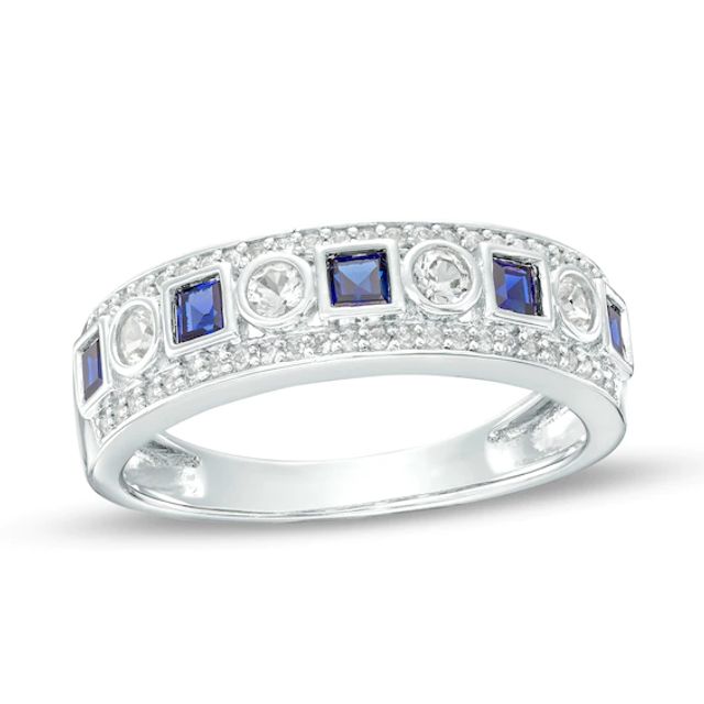 Princess-Cut Blue and White Lab-Created Sapphire Triple Row Band in Sterling Silver