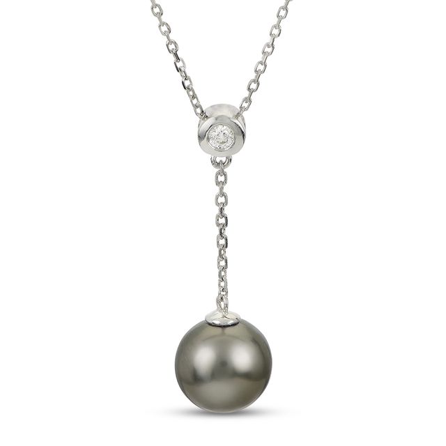 ImperialÂ® 9.0-10.0mm Black Cultured Tahitian Pearl and 1/20 CT. T.w. Diamond "Y" Necklace in 14K White Gold
