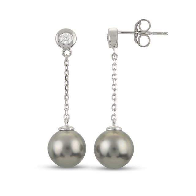 ImperialÂ® 8.0-9.0mm Black Tahitian Cultured Pearl and 1/10 CT. T.w. Diamond Linear Chain Drop Earrings in 14K White Gold