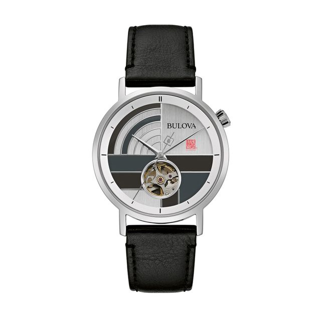 Men's Bulova Frank Lloyd Wright Automatic Black Leather Strap Watch with Grey Dial (Model: 96A248)