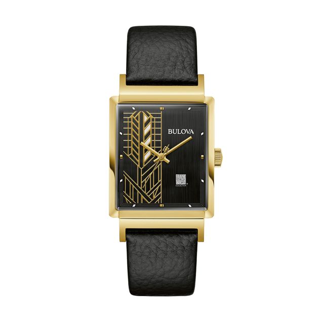 Men's Bulova Frank Lloyd Wright Gold-Tone Black Leather Strap Watch with Rectangular Dial (Model: 97A176)
