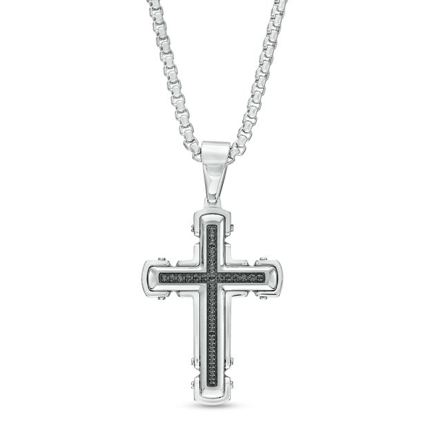 Men's 1/4 CT. T.w. Black Diamond Cross Pendant in Stainless Steel with Black Ion-Plate â 24"