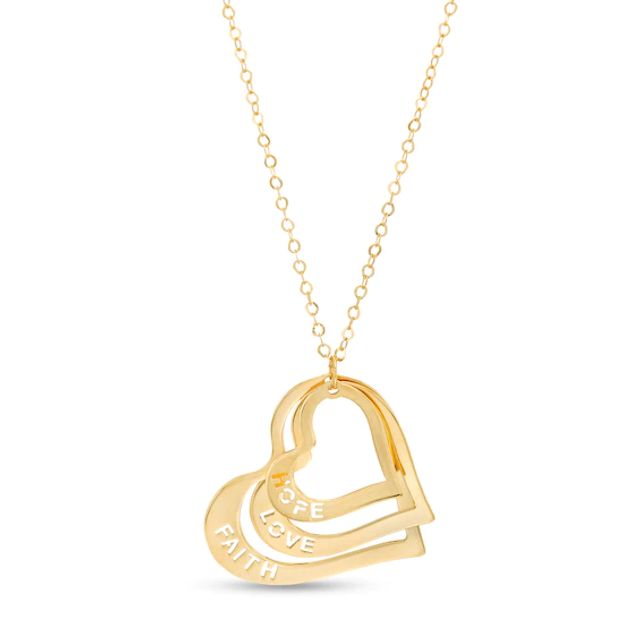 Cut-Out "Hope Love and Faith" Triple Layered Tilted Heart Outline Pendant in 14K Gold