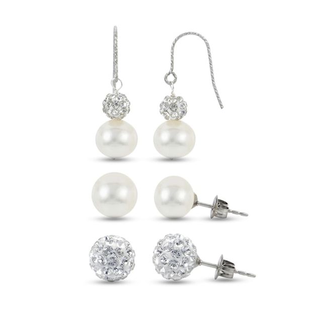 8.0-9.0mm Oval Cultured Freshwater Pearl Crystal Beaded Three Pair Earrings Set in Sterling Silver