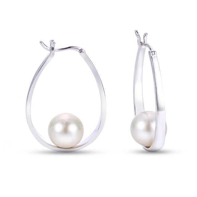 9.0-10.0mm Cultured Freshwater Pearl Cradle Hoop Earrings in Sterling Silver