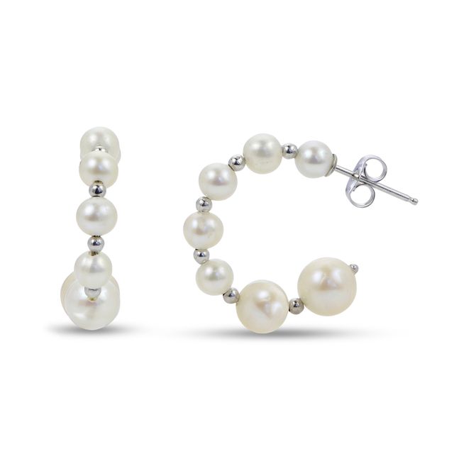 4.0-8.0 Oval Freshwater Cultured Pearl Alternating Beaded Open Hoop Earrings in Sterling Silver