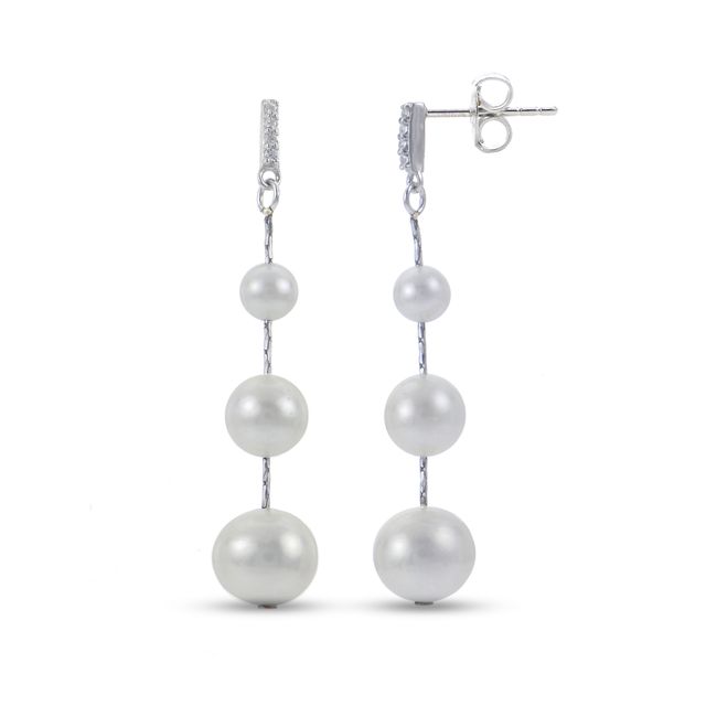 4.0-9.0mm Freshwater Cultured Pearl and White Topaz Graduated Drop Earrings in Sterling Silver