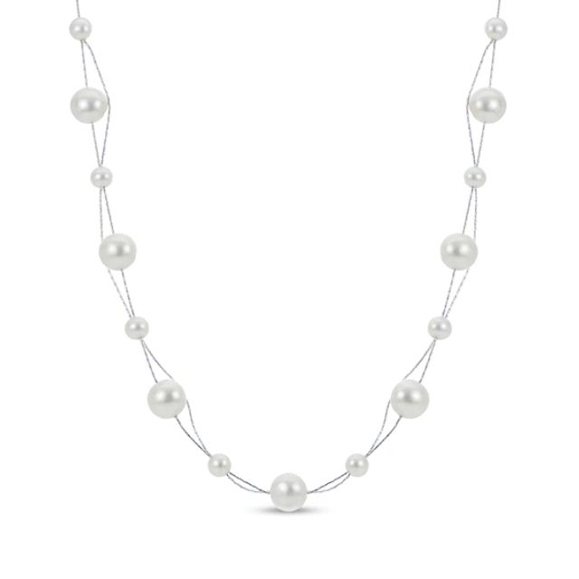 6.0-10.0mm Freshwater Cultured Pearl Station Double Strand Necklace in Sterling Silver