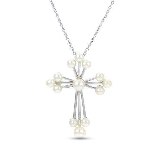 3.0-4.5mm Baroque Cultured Freshwater Pearl Triple Arm Cross Pendant in Sterling Silver