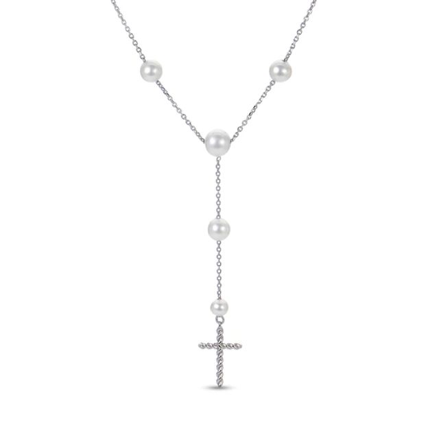 4.0-7.0mm Oval Freshwater Cultured Pearl Station Cross "Y" Necklace in Sterling Silver
