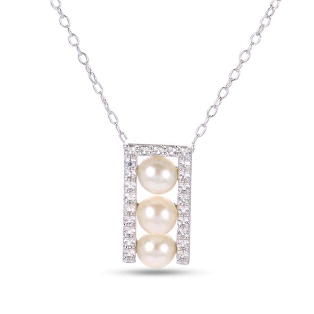 4.0-4.5mm Freshwater Cultured Pearl and White Lab-Created Sapphire Three Stone Necklace in Sterling Silver