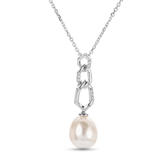 10.0-11.0mm Freshwater Cultured Pearl and White Lab-Created Sapphire Triple Link Necklace in Sterling Silver