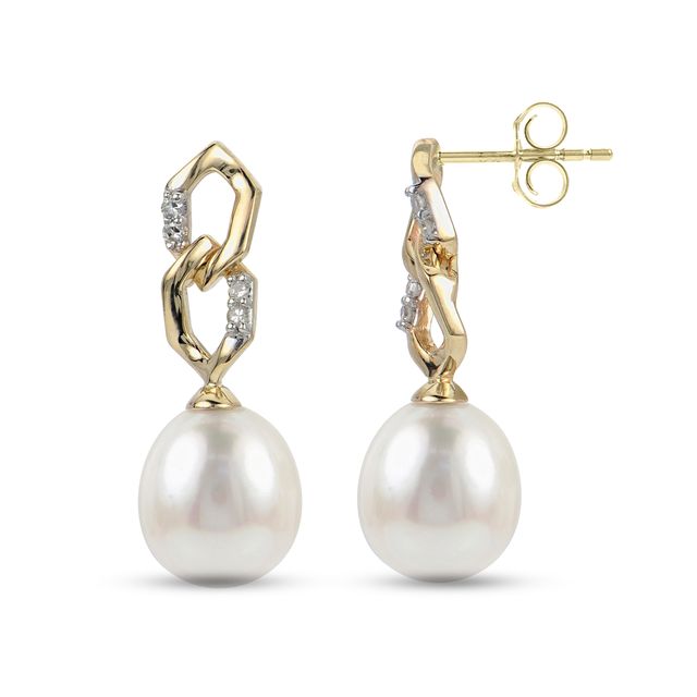 7.0-8.0mm Freshwater Cultured Pearl and Diamond Accent Double Link Drop Earrings in 14K Gold