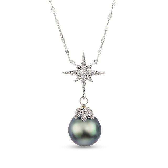 9.0-9.5 Black Tahitian Cultured Pearl and 1/2 CT. T.w. Diamond Star Drop Pendant in 14K White Gold