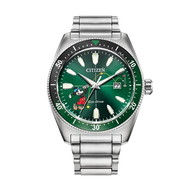 Men's Citizen Eco-DriveÂ® Mickey Mouse & Friends Tee Time Watch with Green Dial (Model: Aw1595-78W)