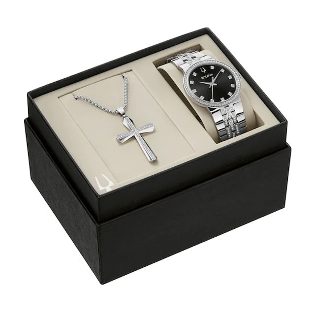 Men's Bulova Crystal Watch with Black Dial and Cross Pendant Box Set (Model: 96K110) - 24"