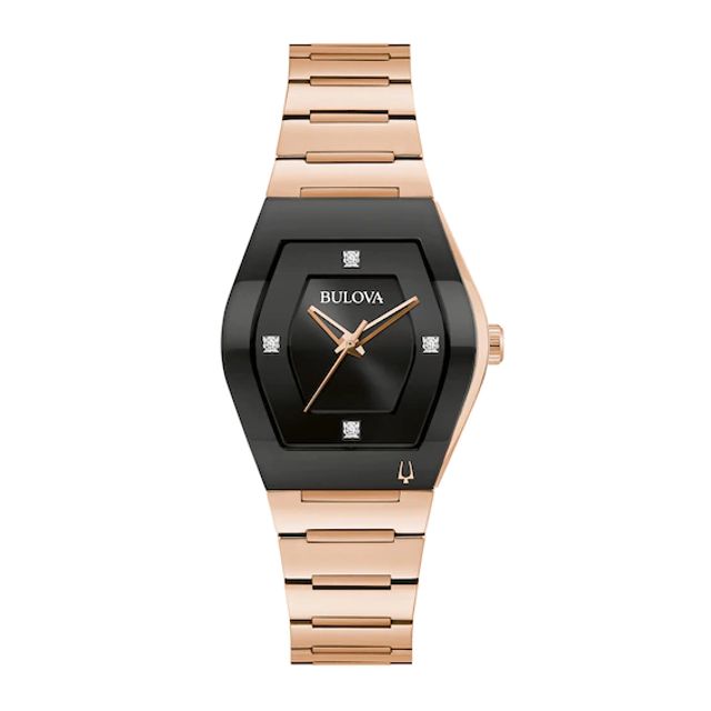 Ladies' Bulova Modern Gemini Diamond Accent Rose-Tone Watch with Tonneau Black Dial (Model: 97P158)