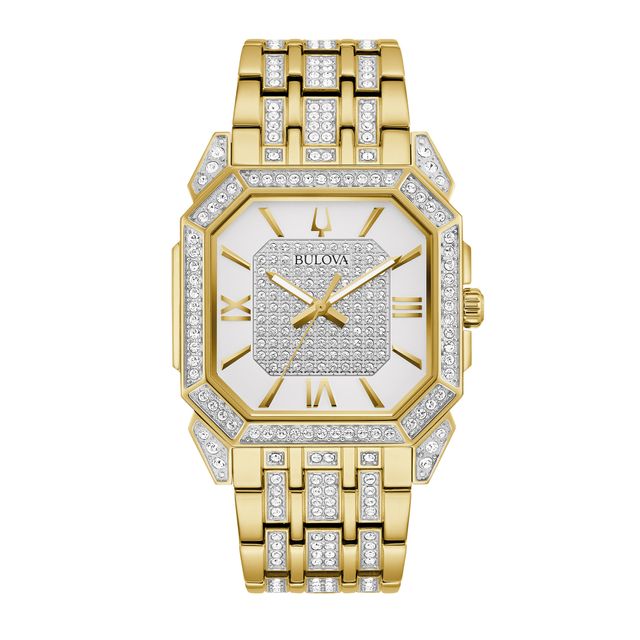 Men's Bulova Octava Crystal Gold-Tone Watch with Octagonal Silver-Tone Dial (Model: 98A295)