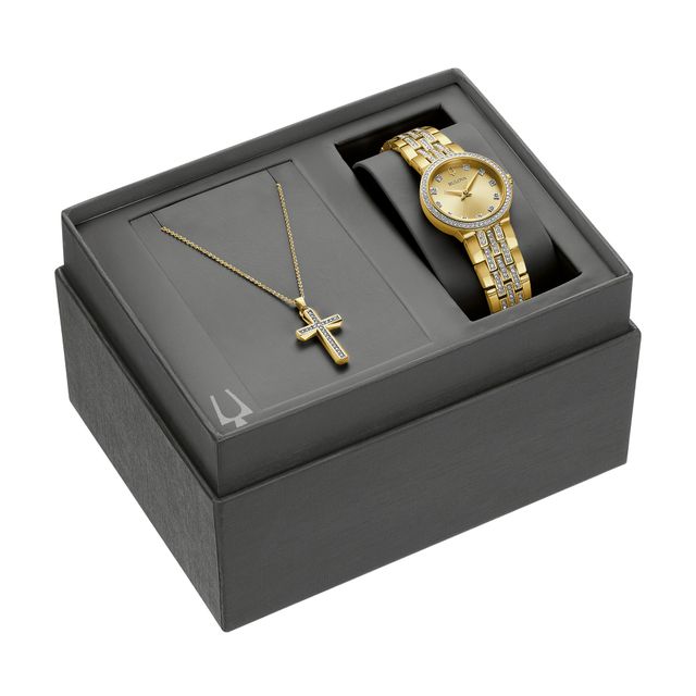 Ladies' Bulova Crystal Gold-Tone Watch with Champagne Dial and Cross Pendant Box Set (Model: 98X133)