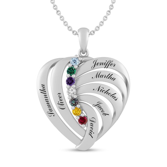 Mother's Gemstone Multi-Row Heart Pendant (3-7 Stones and Lines)