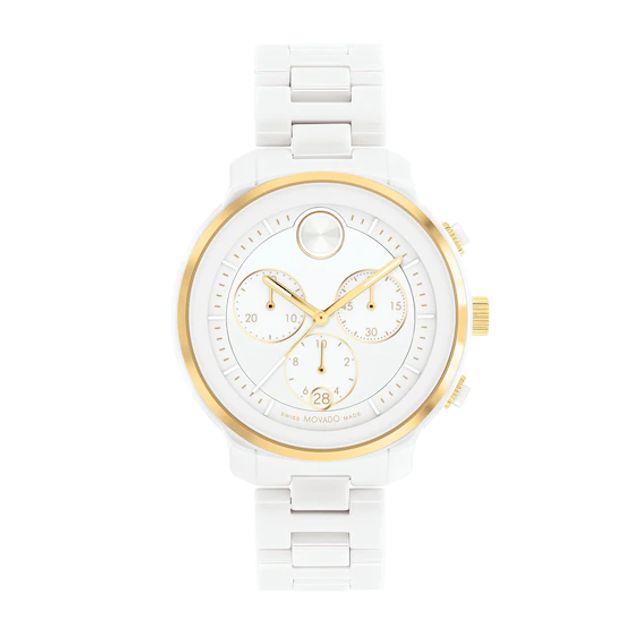 Ladies' Movado BoldÂ® Verso Gold-Tone IP and White Ceramic Chronograph Watch with White Dial (Model: 3600933)