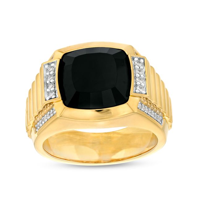 12.0mm Cushion-Cut Black Onyx and 1/4 CT. T.w. Diamond Collar Grooved Shank Ring in 10K Gold
