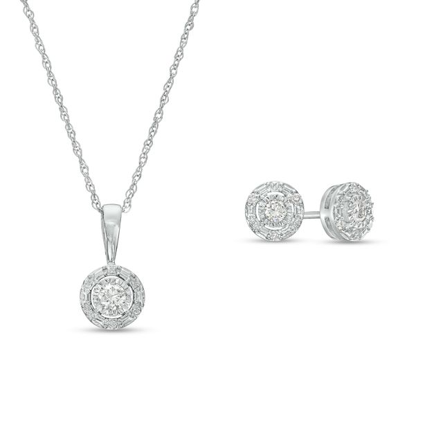 1/5 CT. T.w. Diamond Solitaire Beaded Frame Pendant and Stud Earrings Set Sterling Silver (J/I3)
