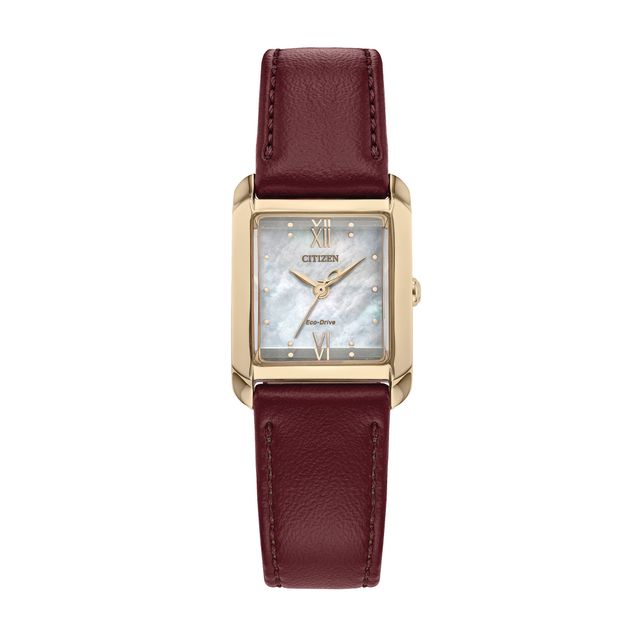 Ladies' Citizen Eco-DriveÂ® Bianca Gold-Tone Red Leather Strap Watch with Square Mother-of-Pearl Dial (Model: Ew5593-05D)