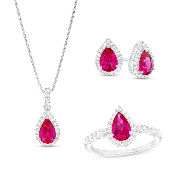 Pear-Shaped Lab-Created Ruby and White Lab-Created Sapphire Frame Three Piece Set in Sterling Silver â Size 7